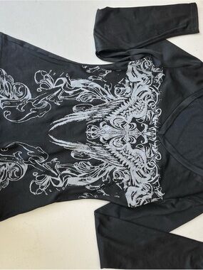 Black Graphic V-Neck Long Sleeve Tee with Ornate Wing Design